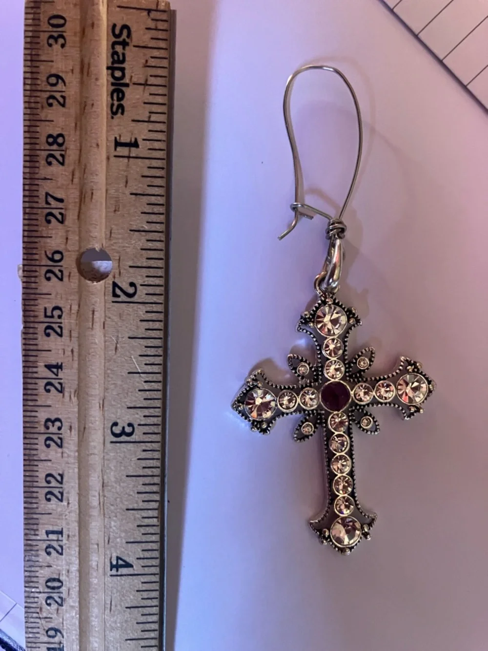 Upcycled Cross Earrings Silver tone with diamond like and purple rhinestones - Picture 4 of 7